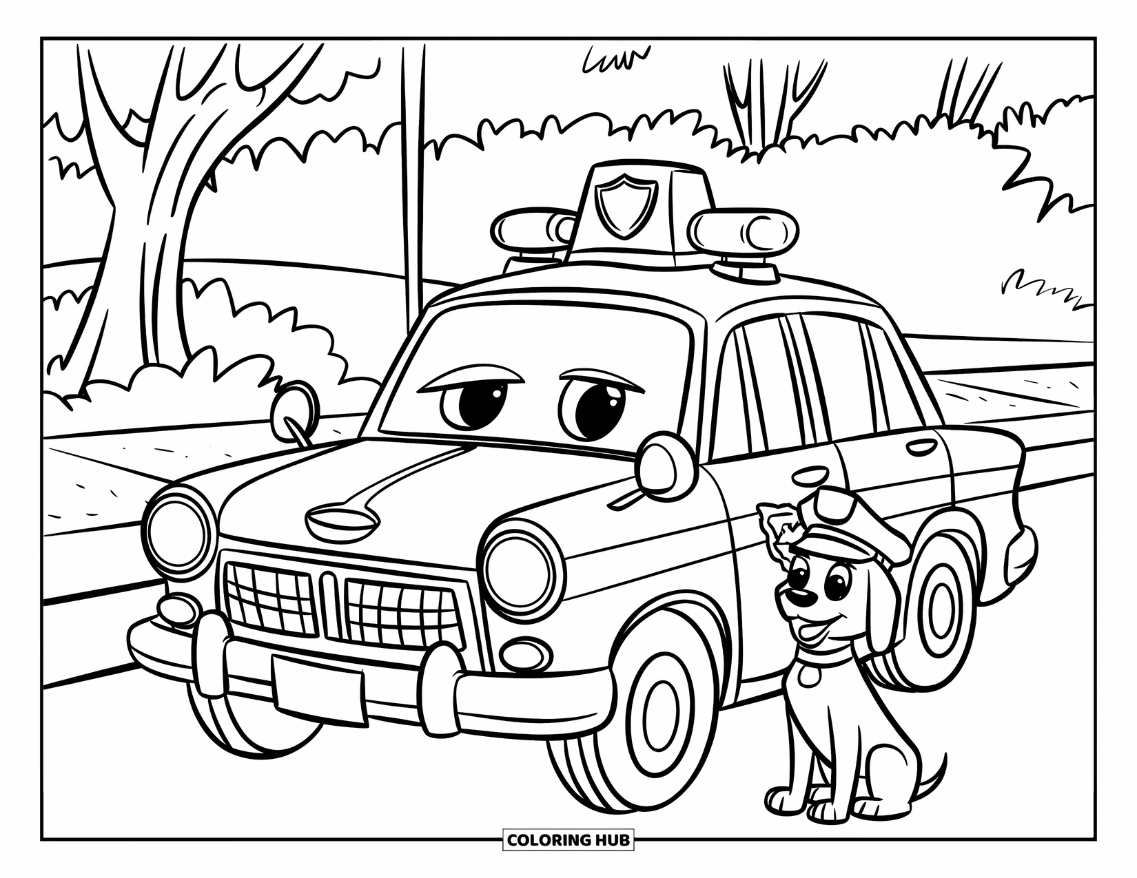 Police Car Coloring Page for Kids: A police officer stands beside a car while a dog waits calmly on the grass