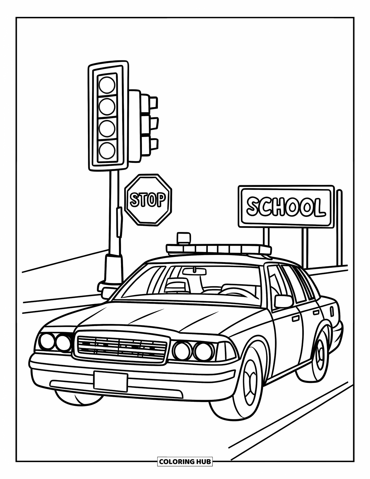 Police Car Coloring Page for Kids: A road scene with a school sign and traffic light where a police car is parked