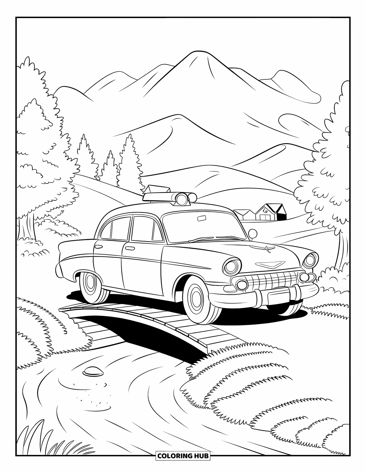 Police Car Coloring Page for Kids: A vintage police car rolls over a wooden bridge with trees and mountains nearby