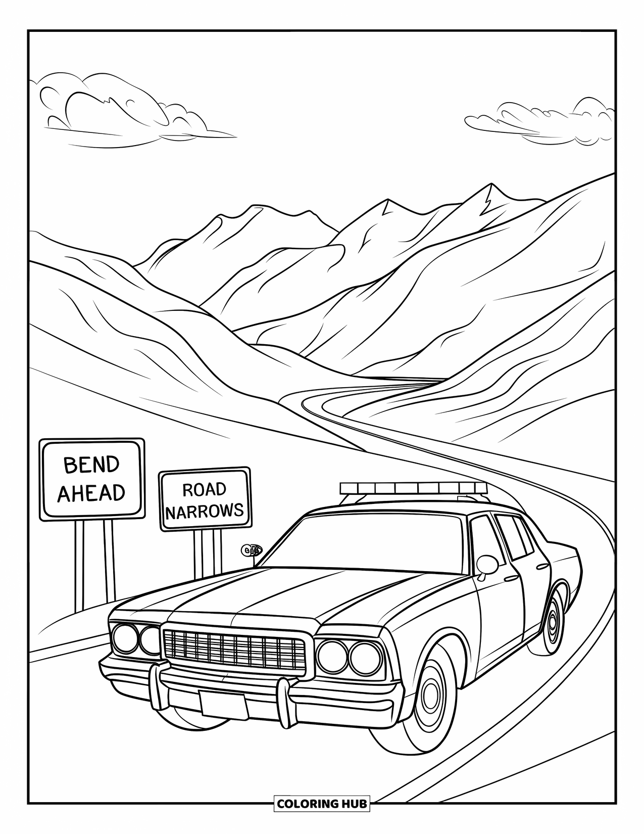 Police Car Coloring Page for Kids: A winding mountain road holds a police car passing signs and scenic hills