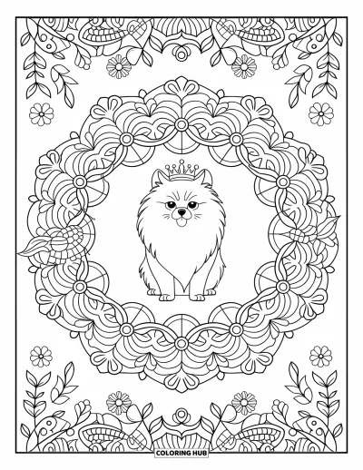 Coloriage de poméranien pour adultes : Un Poméranien couronné se repose dans un mandala pleine page de fleurs et de lianes