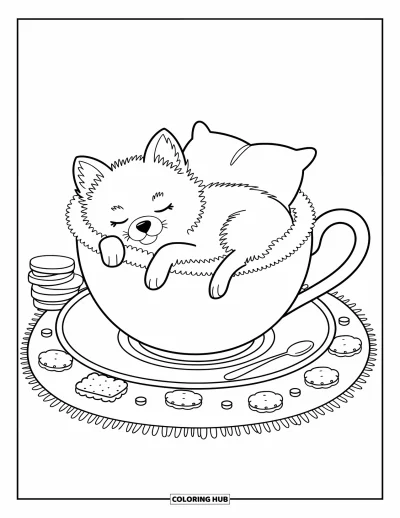 Coloriage de poméranien pour adultes : Un chiot lové se repose dans un lit en forme de tasse entouré d'objets fantaisistes et chaleureux