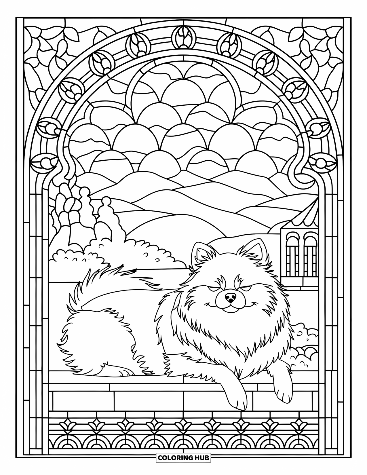 Pomeranian Coloring Page for Adults: Dog lies on a ledge inside a stained glass window with mountain views