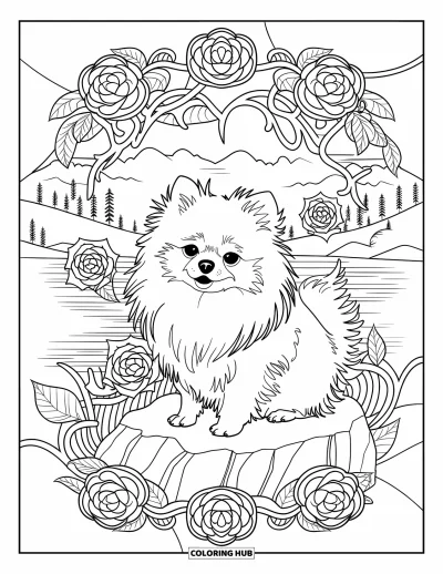 Coloriage de poméranien pour adultes : Un chien se repose sur un rocher entouré de roses grimpantes dans un paysage de montagne