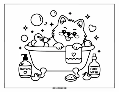 Coloriage de poméranien pour adultes : Un chien duveteux enroulé dans une serviette profite d'un bain moussant avec des canards en caoutchouc