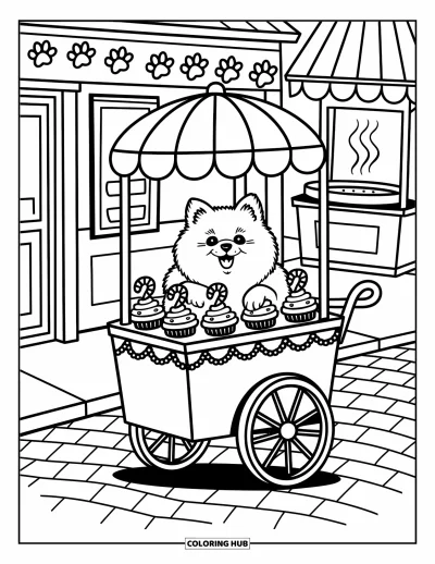Coloriage de poméranien pour adultes : Un joyeux Poméranien roule dans un chariot à cupcakes devant de mignonnes boutiques et des nuages de vapeur