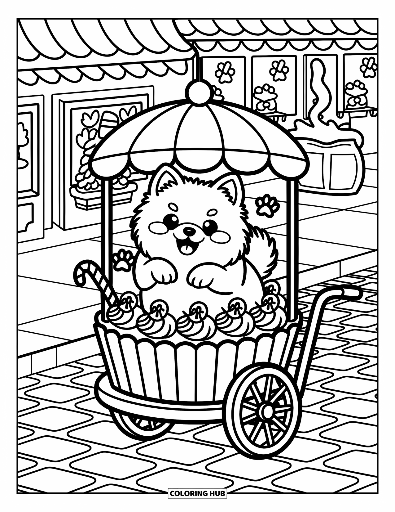 Pomeranian Coloring Page for Adults: Joyful pup rides a cupcake cart with candy canes and cozy shops around