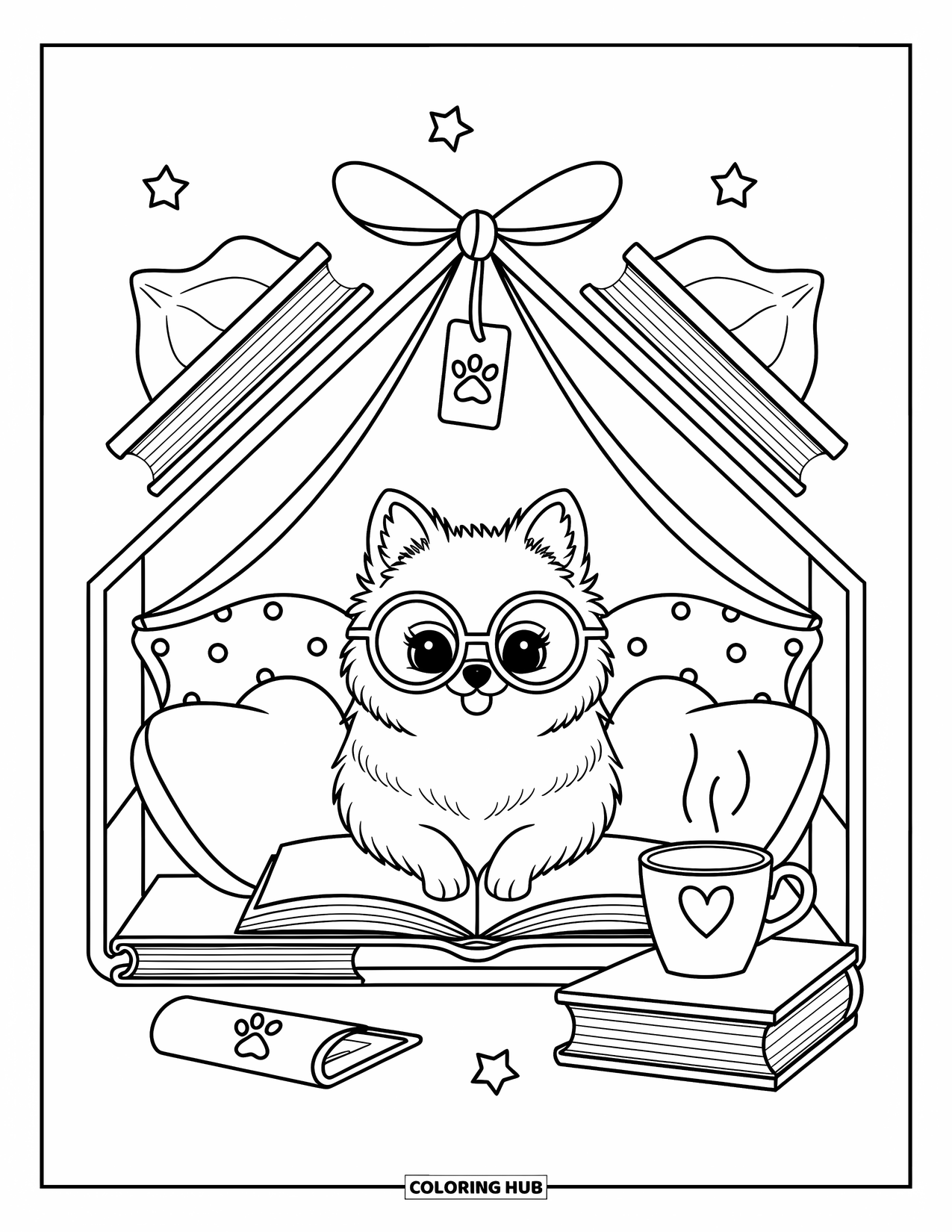 Pomeranian Coloring Page for Adults: Little pup reads in a book fort with paw bookmarks and a warm drink