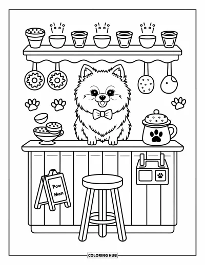 Coloriage de poméranien pour adultes : Un petit chiot barista avec un nœud papillon sert des gourmandises dans un café illustré tout charmant