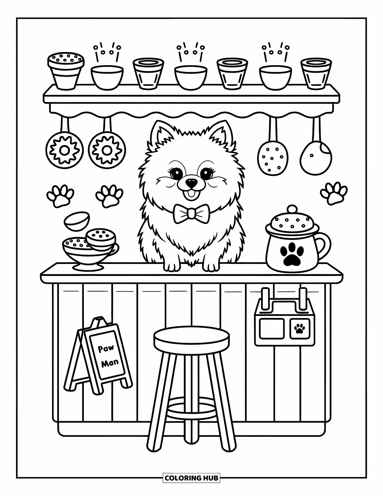 Pomeranian Coloring Page for Adults: Miniature barista pup with bowtie serves treats in a cozy, doodle-style café