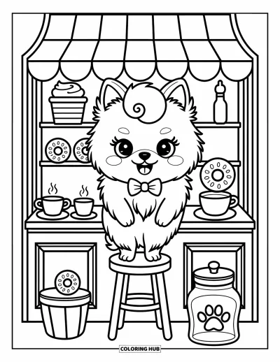 Coloriage de poméranien pour adultes : Un Poméranien barista se tient derrière un mini comptoir de café avec des beignets et des biscuits