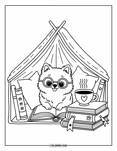 Coloriage de poméranien pour adultes : Un Poméranien emmitouflé dans une couverture lit à côté de livres, d'étoiles et d'une boisson chaude