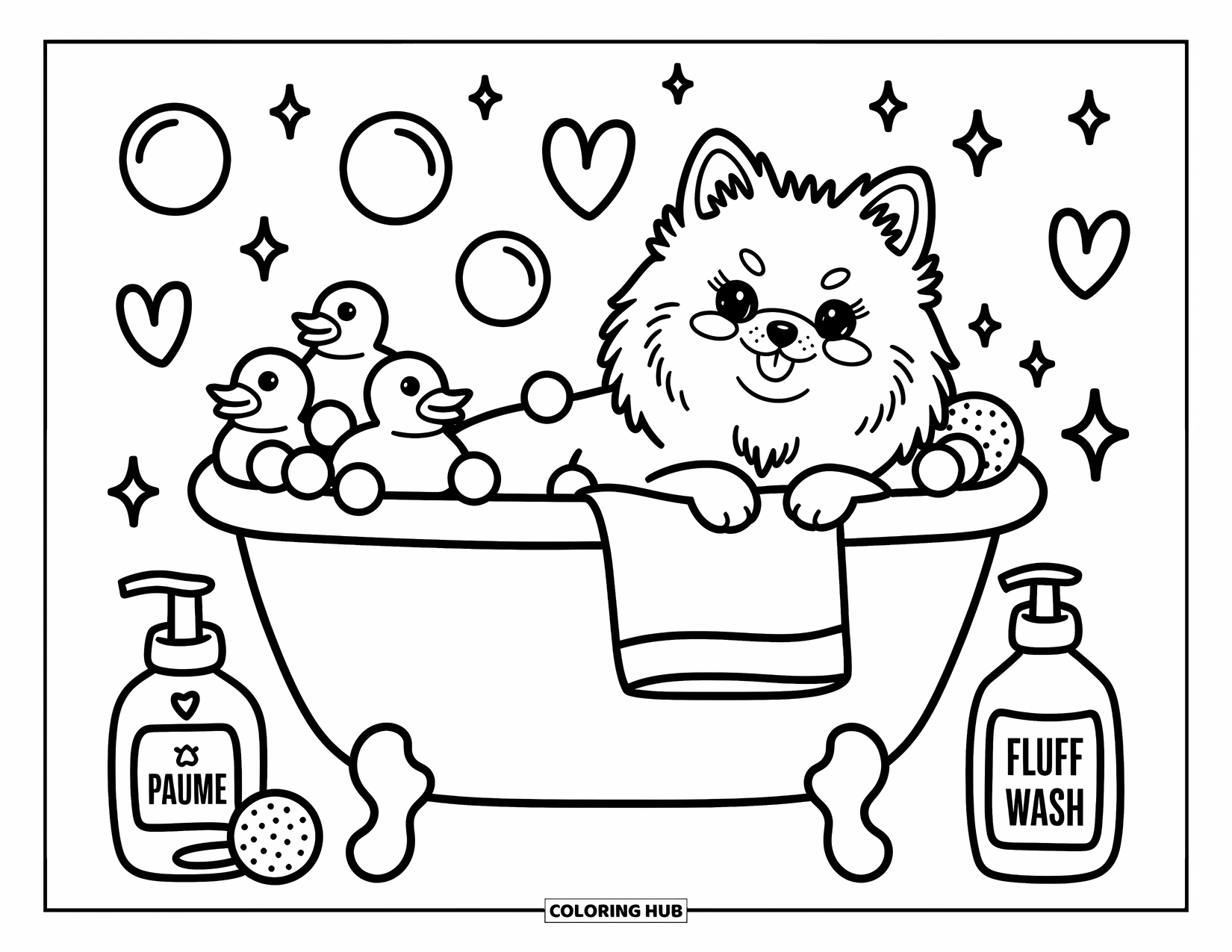 Pomeranian Coloring Page for Adults: Pomeranian lounges in a bubbly tub with duckies, towels, and floating hearts