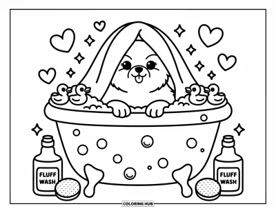 Coloriage de poméranien pour adultes : Un Poméranien se détend dans une baignoire pleine de bulles avec des canards en caoutchouc et des étincelles en forme de cœur