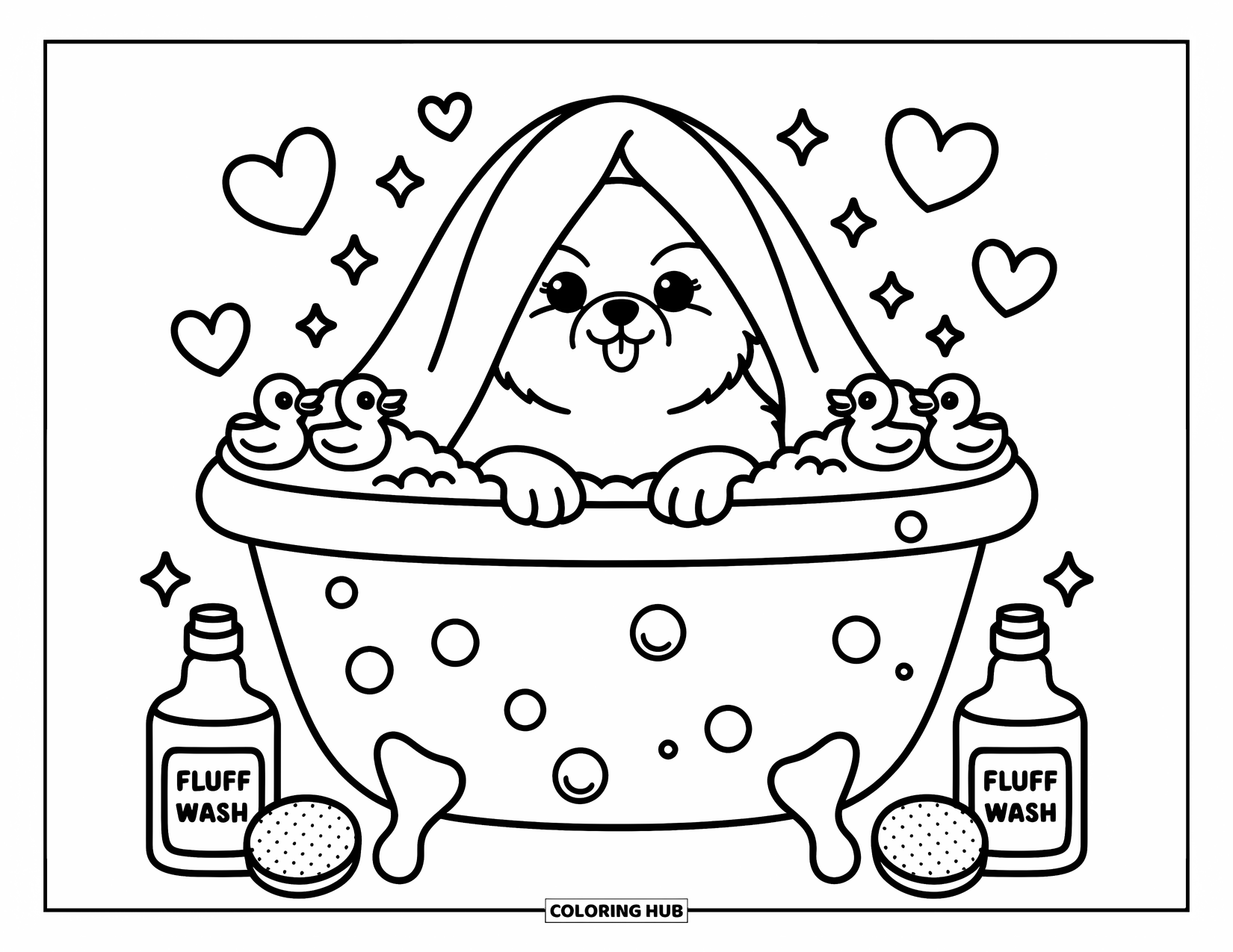 Pomeranian Coloring Page for Adults: Pomeranian relaxes in a bubbly tub with rubber duckies and heart sparkles