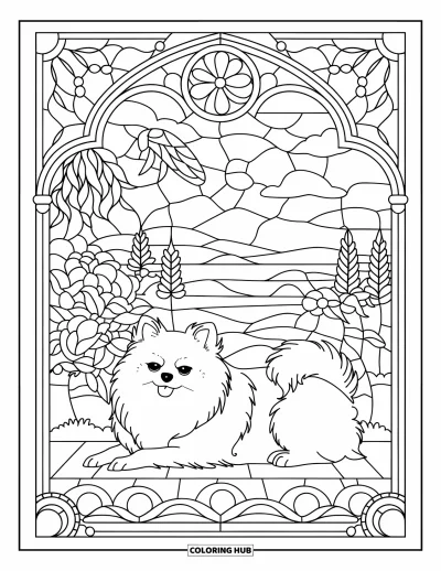 Coloriage de poméranien pour adultes : Un Poméranien se repose dans un cadre de vitrail rempli de fleurs et d'une scène apaisante