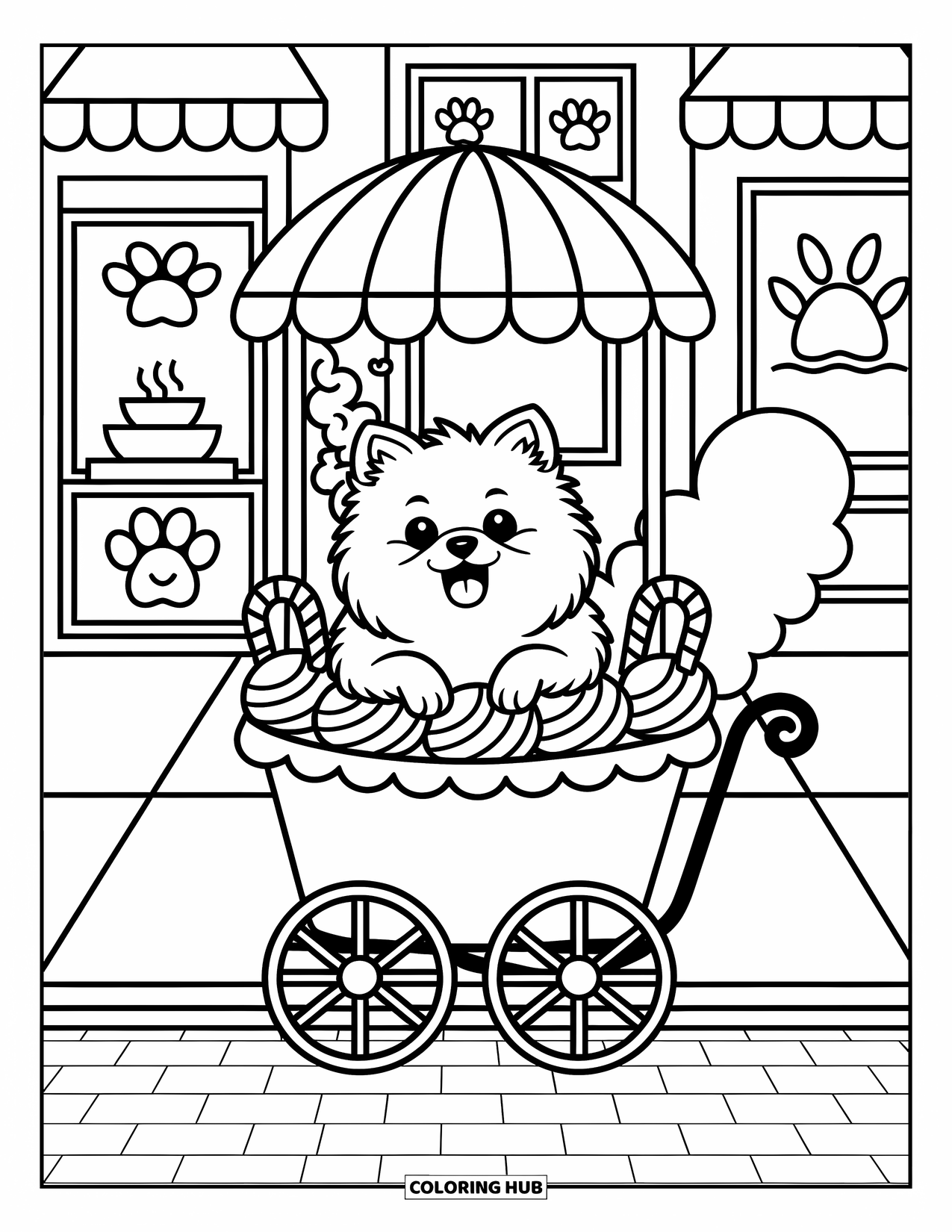 Pomeranian Coloring Page for Adults: Pomeranian rides a cupcake cart near cozy shops and a cocoa stand