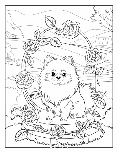 Coloriage de poméranien pour adultes : Un Poméranien est assis sur une pierre, enveloppé de tiges de roses parmi des collines et des arbres