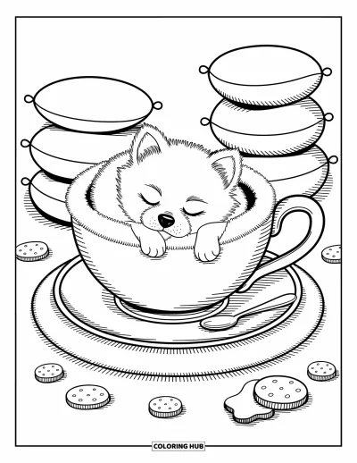 Coloriage de poméranien pour adultes : Un Poméranien sommeille dans un lit en forme de tasse tout moelleux avec de petits coussins et des friandises