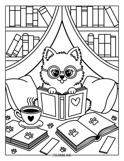 Coloriage de poméranien pour adultes : Un Poméranien avec des lunettes est installé dans un coin douillet entouré de livres et d'étoiles gribouillées