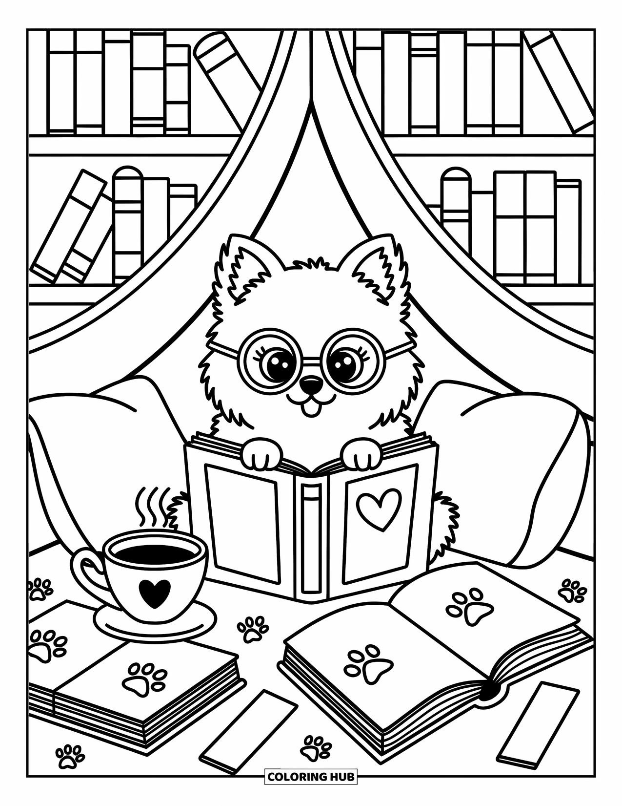 Pomeranian Coloring Page for Adults: Pomeranian with glasses sits in a cozy nook with books and doodled stars