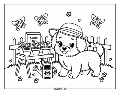 Coloriage de poméranien pour adultes : Un chiot avec un chapeau de soleil se tient près d'une petite table de jardin avec des fleurs qui poussent