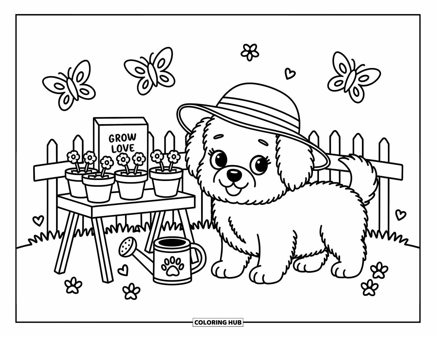 Pomeranian Coloring Page for Adults: Puppy in a sun hat stands by a mini garden table with sprouting flowers