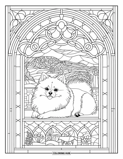 Coloriage de poméranien pour adultes : Un Poméranien détendu est allongé à l'intérieur d'un vitrail aux motifs complexes