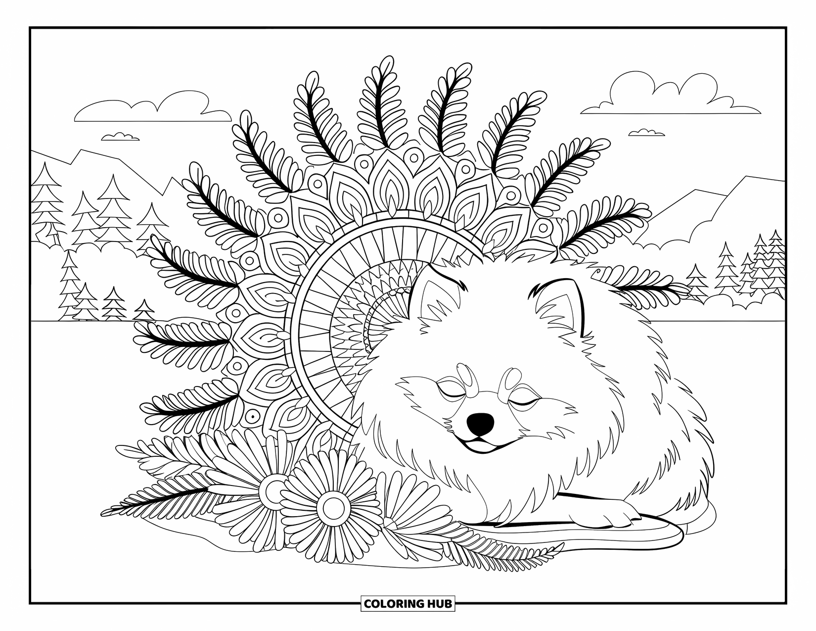 Pomeranian Coloring Page for Adults: Sleeping Pomeranian rests near a mandala surrounded by mountains and trees