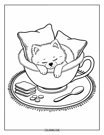 Coloriage de poméranien pour adultes : Un petit chiot fait une sieste dans une tasse entouré de mini biscuits et de coussins