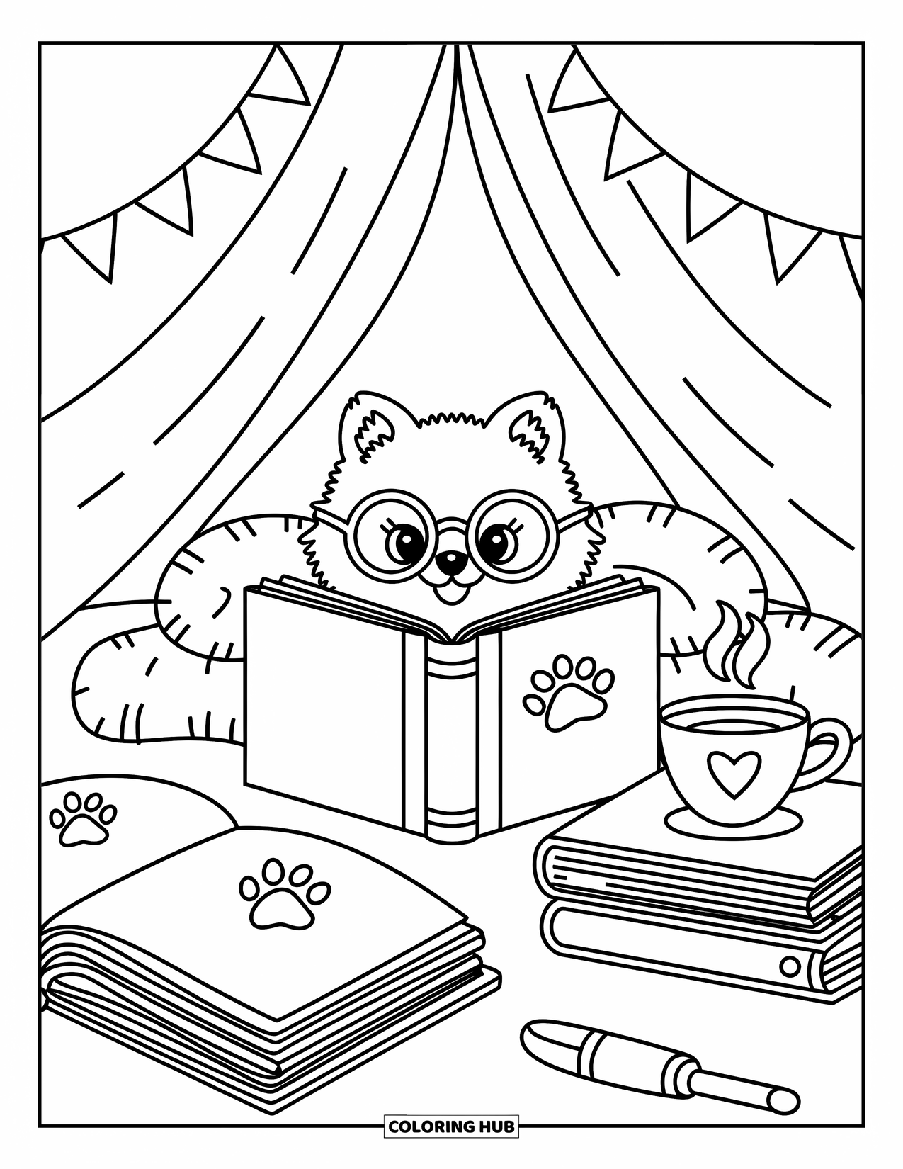 Pomeranian Coloring Page for Adults: Tiny pup with glasses relaxes in a book fort with a heart-handled cup