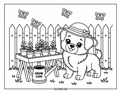 Coloriage de poméranien pour adultes : Un petit chiot avec un chapeau de soleil s'amuse à jardiner près d'un panneau "Grow Love"