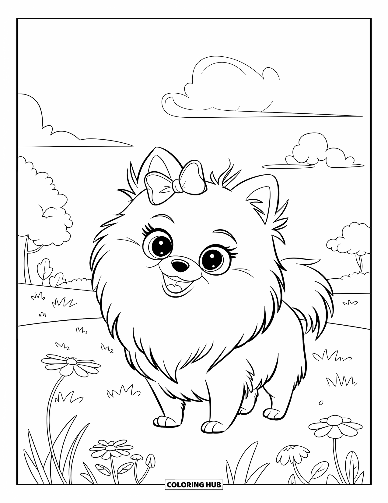 Pomeranian Coloring Page for Kids: Bow-wearing Pomeranian stands among grass and flowers under a peaceful sky