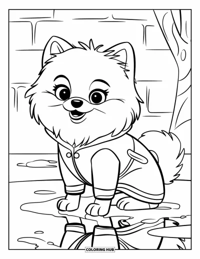 Coloriage de poméranien pour enfants : Un mignon Poméranien en imperméable est assis près d'une flaque qui reflète le ciel
