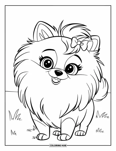 Coloriage de poméranien pour enfants : Un Poméranien duveteux aux grands yeux et un nœud dans les cheveux se tient dans un champ verdoyant