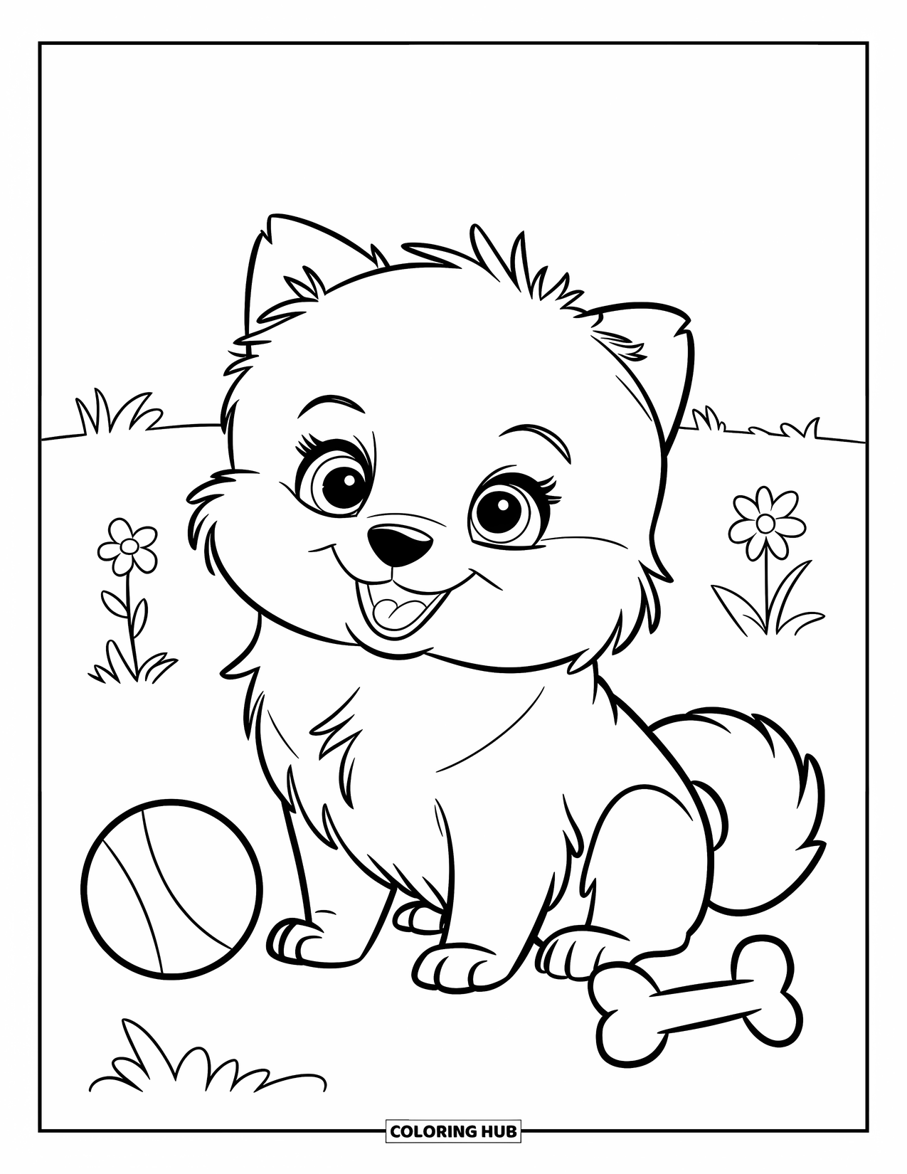 Pomeranian Coloring Page for Kids: Fluffy puppy with blue eyes sits with a red ball and bone nearby