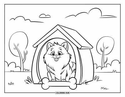 Coloriage de poméranien pour enfants : Un joyeux Poméranien se détend dans sa niche sur un champ herbeux ensoleillé