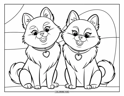 Coloriage de poméranien pour enfants : Des Poméraniens aux oreilles dressées et à la queue remuante sont assis joyeusement côte à côte