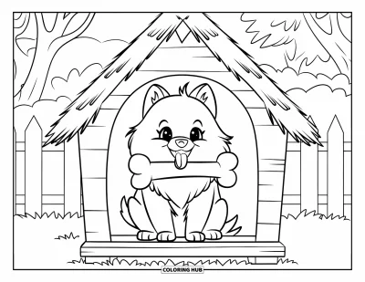 Coloriage de poméranien pour enfants : Un Poméranien tient un grand os assis dans une niche en bois bien au chaud