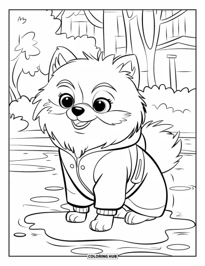 Coloriage de poméranien pour enfants : Un Poméranien en imperméable est assis près d'une flaque après une journée pluvieuse