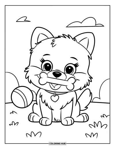 Coloriage de poméranien pour enfants : Un chiot Poméranien avec un collier rose tient une balle et un os par une belle journée