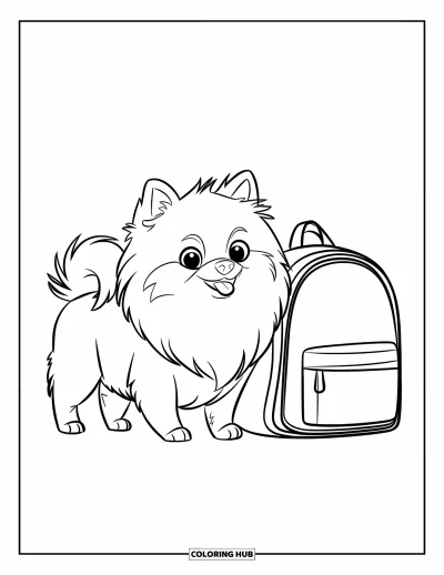 Coloriage de poméranien pour enfants : Un Poméranien attentif est assis à côté d'un sac à dos sur fond blanc