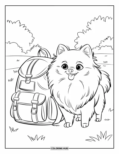 Coloriage de poméranien pour enfants : Un Poméranien se tient près d'un sac à dos et d'un bâton de marche dans un champ herbeux