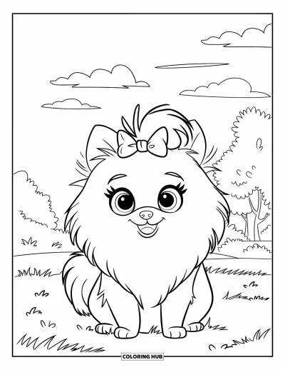 Coloriage de poméranien pour enfants : Un Poméranien avec un nœud est assis dans l'herbe sous un ciel nuageux