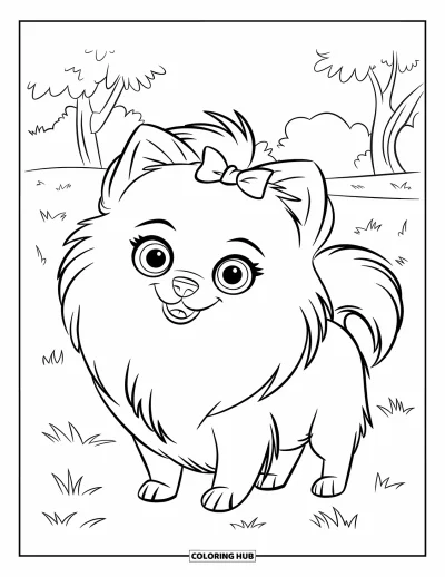 Coloriage de poméranien pour enfants : Un Poméranien avec un nœud est debout dans l'herbe avec des arbres alentour