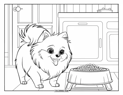 Coloriage de poméranien pour enfants : Un Poméranien aux yeux bleus se tient près d'une gamelle pleine dans la cuisine
