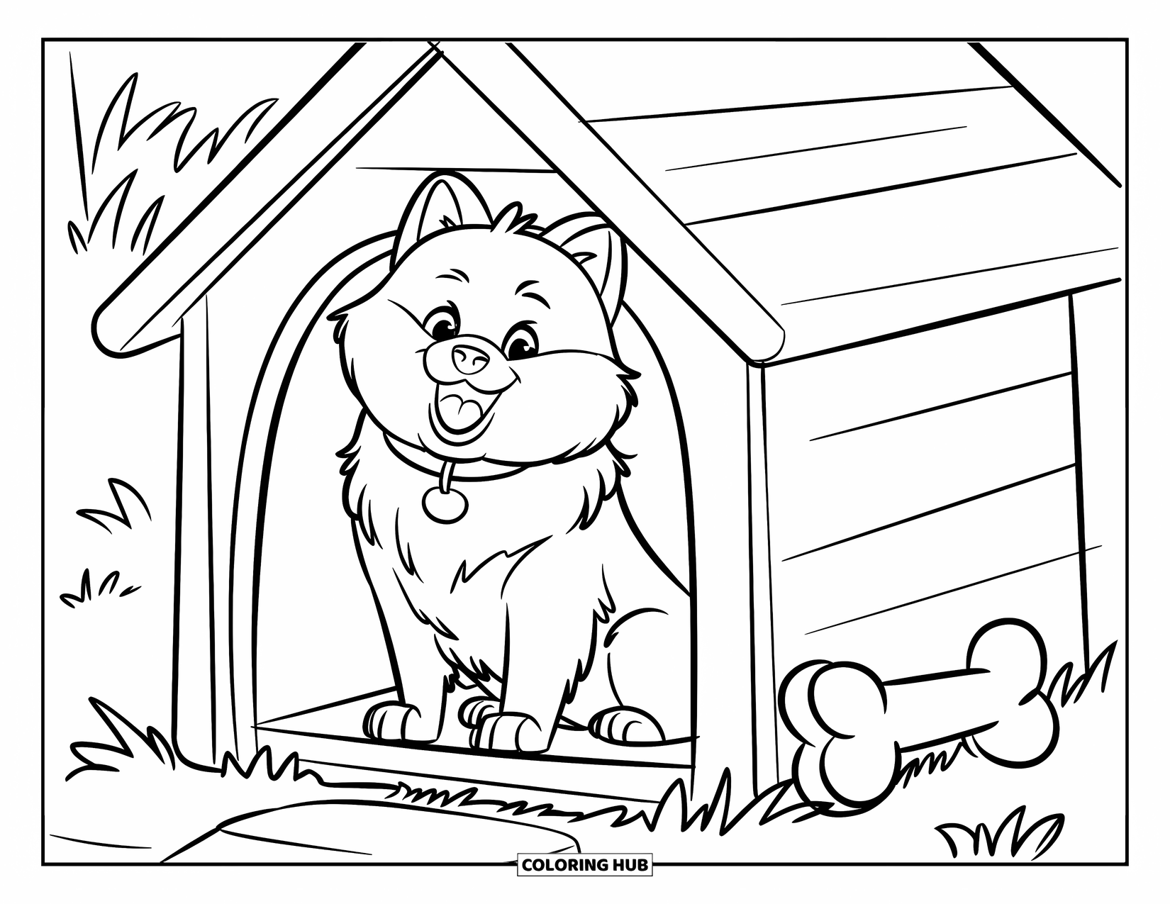 Pomeranian Coloring Page for Kids: Smiling Pomeranian sits in a dog house with a bone outside