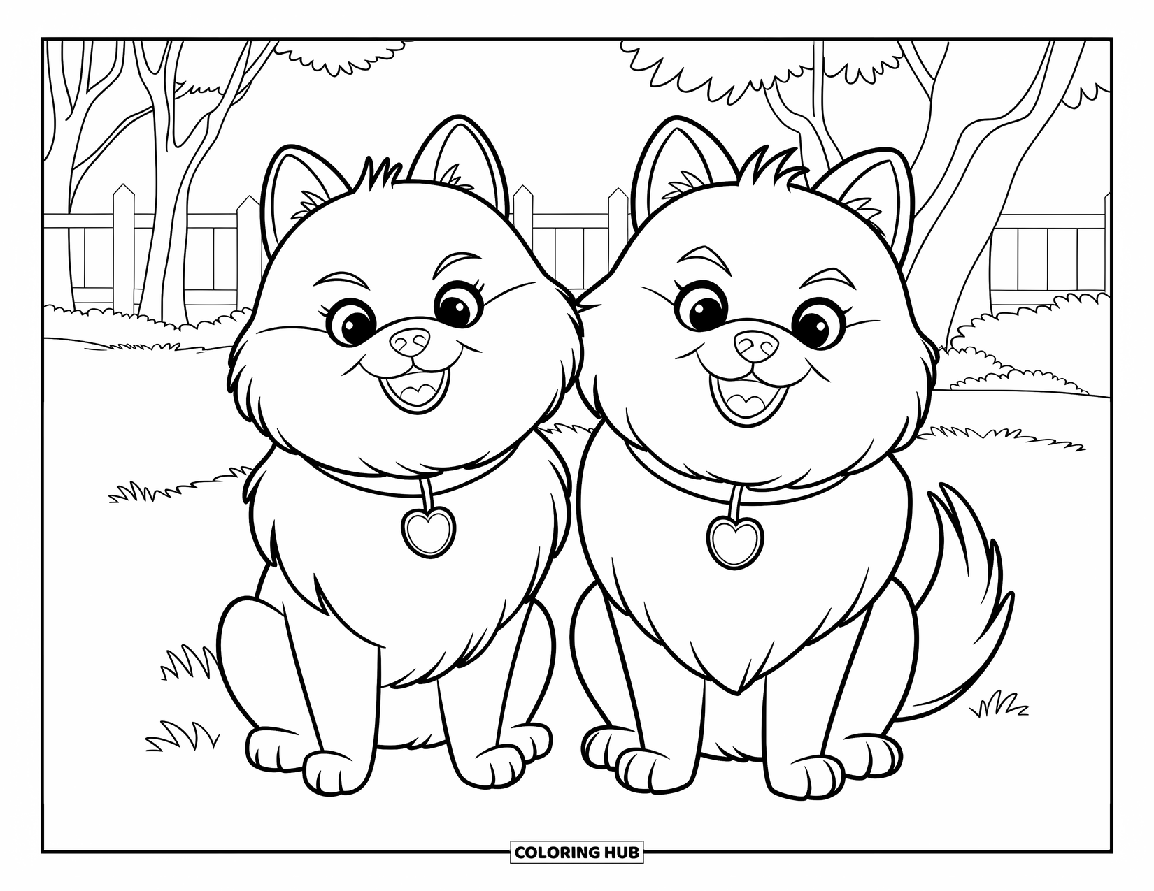 Pomeranian Coloring Page for Kids: Two fluffy Pomeranians with matching collars sit side by side on the grass