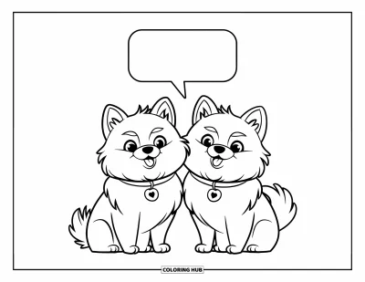 Coloriage de poméranien pour enfants : Deux Poméraniens sont assis ensemble sous une bulle de dialogue, l'air intrigués