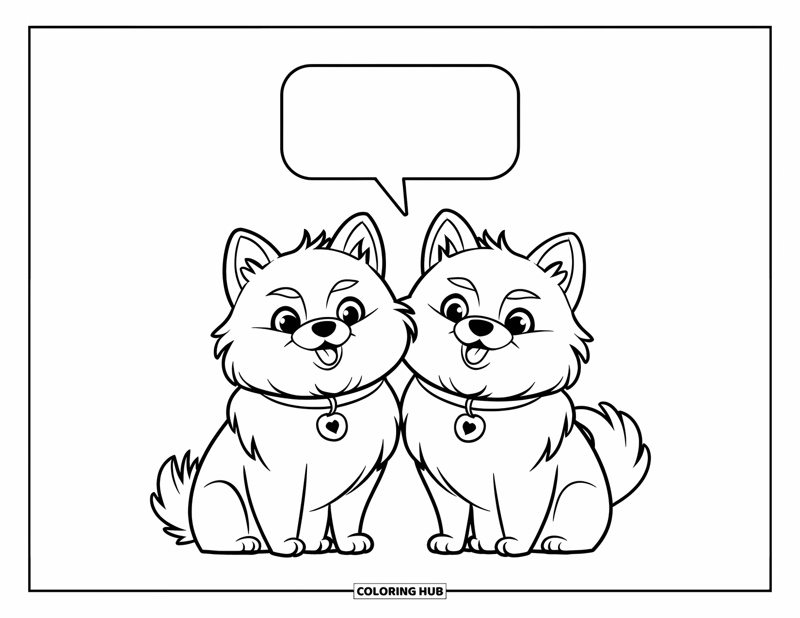 Pomeranian Coloring Page for Kids: Two Pomeranians sit together under a speech bubble, looking curious